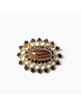 Vintage Brown Rhinestone Brooch Gold Tone Tiger Eye Cabochon Pin Retro Statement